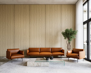 Contemporary interior with wood wall panels, orange sofa and decor. 3d render illustration mockup.