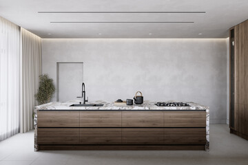 Contemporary kitchen interior with marble countertop and decor. 3d render illustration mockup.