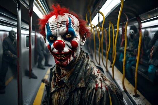 A scary Halloween Zombie clown riding a dirty New York city subway.