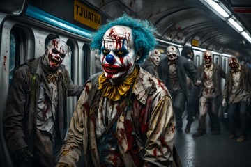 A scary Halloween Zombie clown riding a dirty New York city subway. - obrazy, fototapety, plakaty