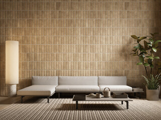 Contemporary minimalist interior with tile wall, gray sofa, coffee table and decor. 3d render illustration mockup.