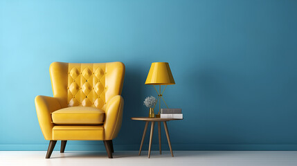 Stylish bright yellow chairs against a blue wall. Fashionable interior, living room interior