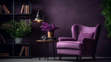 Stylish bright purple chair against a dark wall, home plants. Fashionable interior, living room...