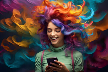 Joyful screaming female model, colorful hair, posing,  - The Rainbow Powder Series