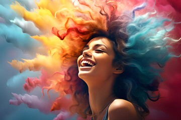 Joyful screaming female model, colorful hair, posing,  - The Rainbow Powder Series