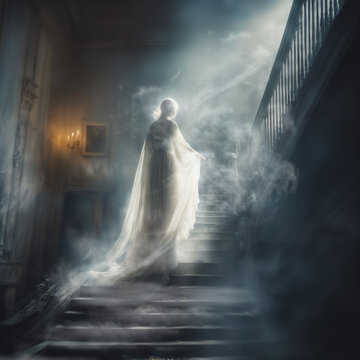 White ghost woman in foggy room