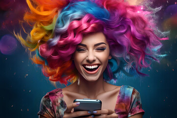 Joyful screaming female model, colorful hair, posing,  - The Rainbow Powder Series