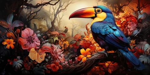 Rolgordijnen A toucan sitting in a tree surrounded by purple and yellow flowers and leaves with a bright colored beak on its head and a bright background of green leaves © Влада Яковенко