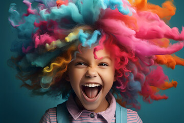 Joyful screaming female model, colorful hair, posing,  - The Rainbow Powder Series