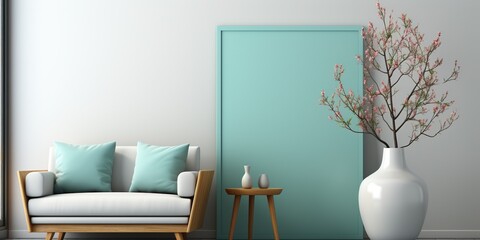 Mpty vertical frame mockup in modern minimalist interior with plant in trendy vase on white wall background