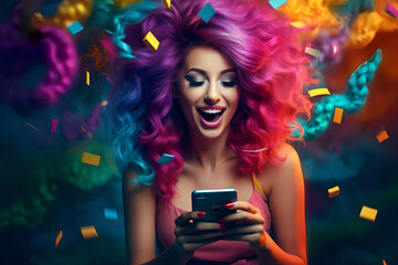 Joyful screaming female model, colorful hair, posing,  - The Rainbow Powder Series