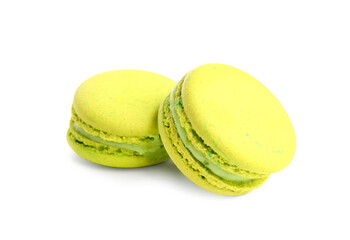 Sweet green macaroons on white background