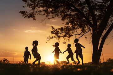 Fototapeta na wymiar Silhouette group of child friends playing outside on meadow