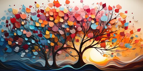 Elegant colorful tree with vibrant leaves hanging branches illustration background. Bright color