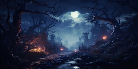 Full moon over the mystic moody trees of magic mystery night forest. Halloween backdrop with dark mysterious vibes. Torch lighted forest at night. Fear of the unknown and darkness
