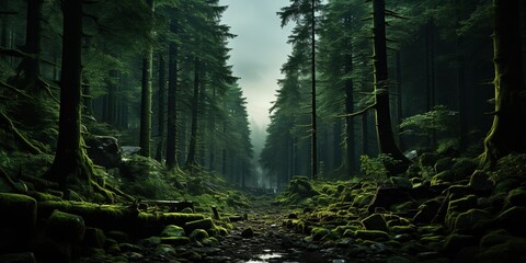 Fototapeta premium Green ferns in the middle of the forest midsummer night