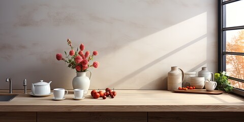 Fototapeta na wymiar Light beige, contemporary background of a mockup of a kitchen