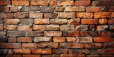 Fototapeta premium Orange red brown brick wall of the house. Close - up. Sunlight and shade from tree leaves. Bright vintage background for design. Burnt orange color shade