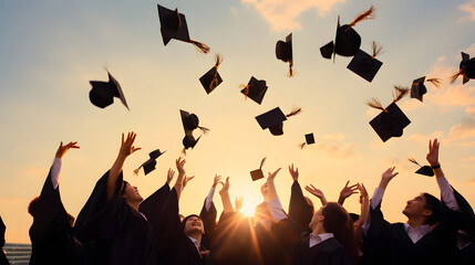 Group of cheerful student throwing graduation hats in the air celebrating, education concept with students celebrate success with hats and certificates - obrazy, fototapety, plakaty