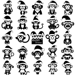 Monkey logo and symbol vector, Merry Christmas Monkey icon on black and white color with white background,  Monkey cartoon set vector icons.
