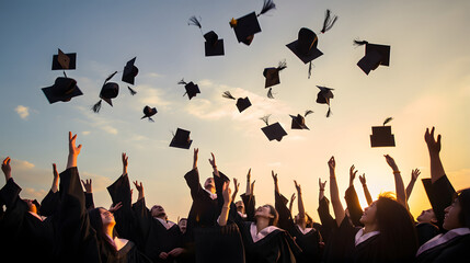 Group of cheerful student throwing graduation hats in the air celebrating, education concept with students celebrate success with hats and certificates