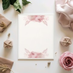Template card with flower frame and accessories around it 
