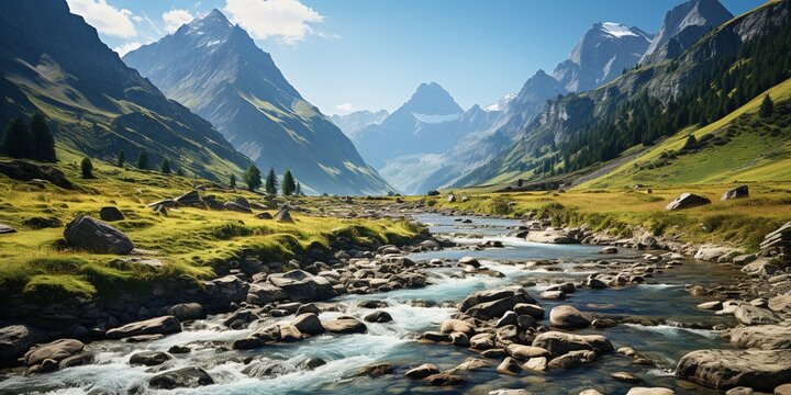 Panoramic view of mountains and river, blue sky and incredible landscape