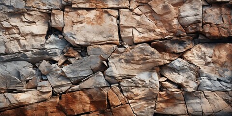 Fototapeta premium Texture of brown rock. Mountain rough cracked surface. Close - up. Stone granite wall background with copy space for design. Wide banner