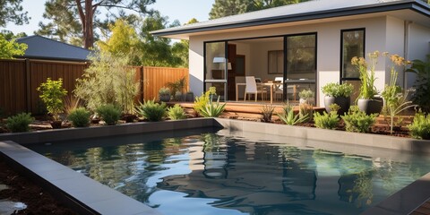 The fenced backyard of a newly built house features a rectangular swimming pool with tan concrete borders. - obrazy, fototapety, plakaty