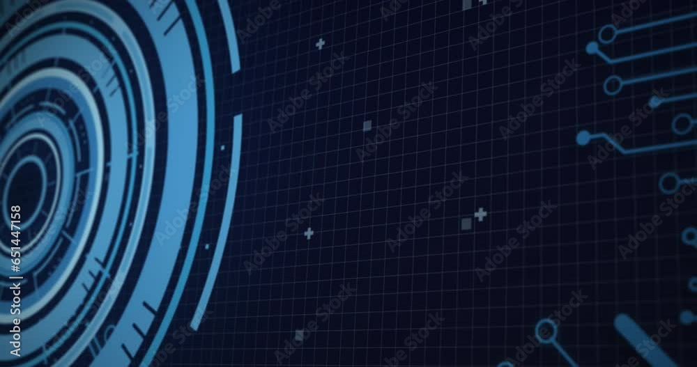 Poster animation of loading circles, computer language and circuit board pattern over black background