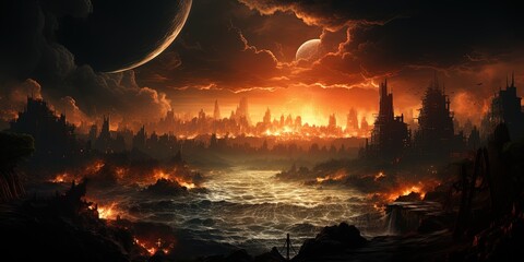 World collapse panoramic scene. Doomsday concept