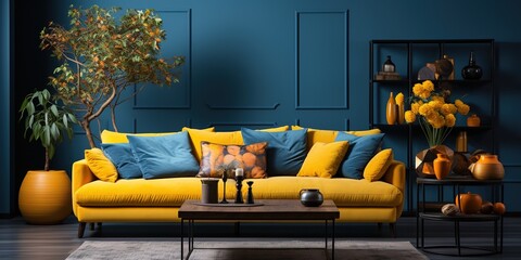A huge living room's accent lounge. blue and yellow hues. Dark blue wall that is empty and a bright yellow sofa with mustard undertones