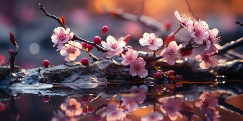 Asian garden with sakura trees and pond. Landscape with cherry blossom falling in lake with bokeh light