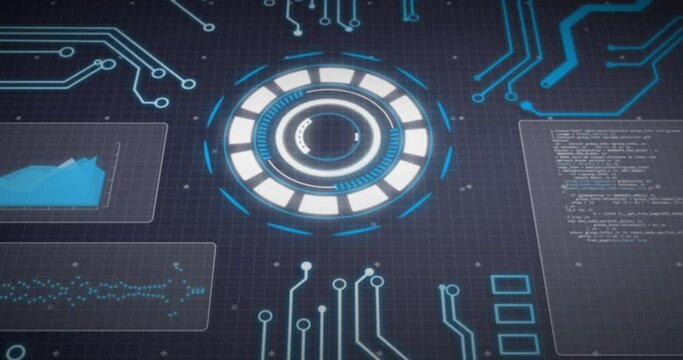 Animation of arc reactor, graphs, computer language and circuit board pattern over black background