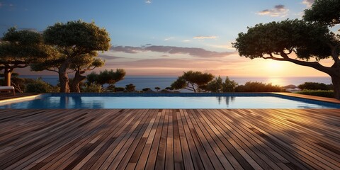 Empty wooden deck with swimming pool - obrazy, fototapety, plakaty