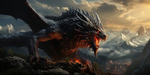 Ferocious black dragon on the mountain range, huge scary dragon, roaring dragon - obrazy, fototapety, plakaty