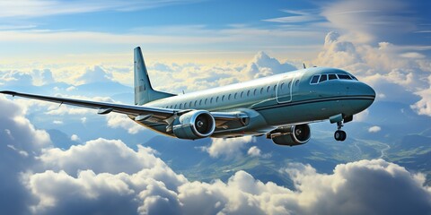 Obraz premium A breathtaking sight of a passenger airplane soaring above the clouds against a beautiful blue sky, with the landing gear released for takeoff, forming a picturesque panoramic background.