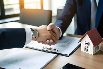 Professional real estate agent shaking hands with client after signing home purchase contract in real estate agency office - obrazy, fototapety, plakaty