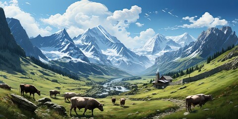 Picturesque mountain landscape with cow grazing on a green meadow - obrazy, fototapety, plakaty