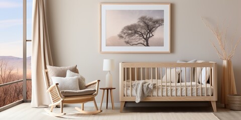 Rectangular frame poster mockup, on light concrete wall in living interior of a baby room, with modern boho furniture and with baby cot, scandinavian style interior decoration