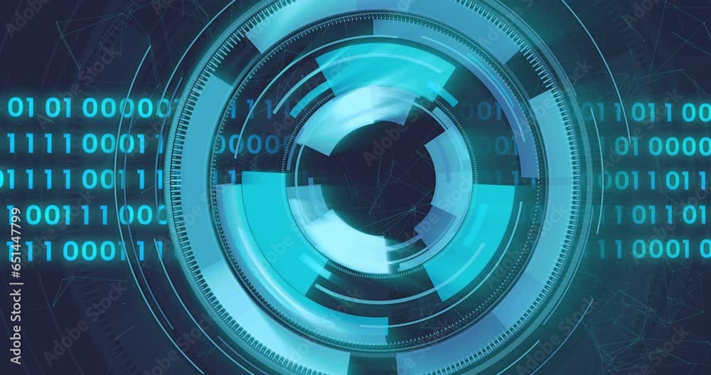 Poster animation of loading circles, binary codes and connected dots over black background