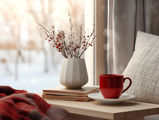 Cozy winter composition with a hot drink in red mug on a table, red pillows, blanket and big sunny window