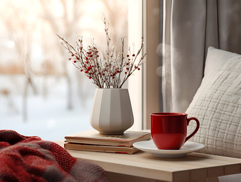 Cozy winter composition with a hot drink in red mug on a table, red pillows, blanket and big sunny window