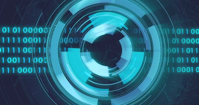 Animation of loading circles, binary codes and connected dots over black background