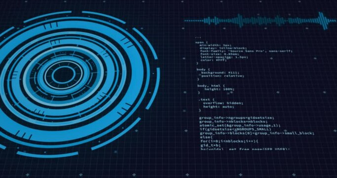 Animation of loading circles, soundwave and computer language over black background