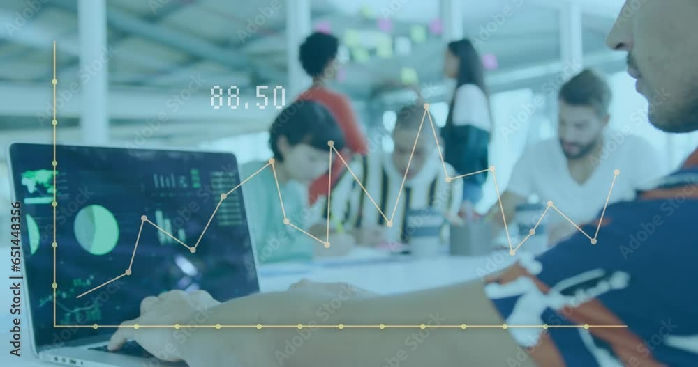 Poster Animation of graph and changing numbers over caucasian man analyzing reports on laptop