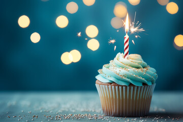 mouthwatering birthday cupcake steals the spotlight, topped with creamy frosting and a single burning sparkles, ready to be blown out and make a wish on blue background	 - obrazy, fototapety, plakaty