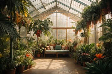 Tropical garden in a greenhouse with flowers and plants in pots