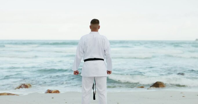 Karate, beach or back of man ready for martial arts, fighting or self defense sport for fitness in nature. View, kung fu or healthy master in a uniform for taekwondo training, exercise or workout