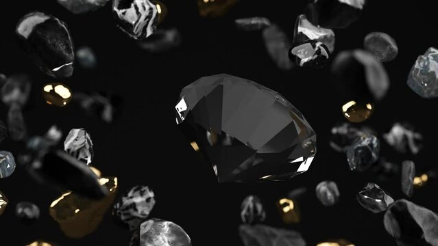 Exhibition dark podium, display with stones and gold crystals - 3d render. Mystical, magical, fantastic showcase for advertising and product presentation. Abstract platform with diamond.
